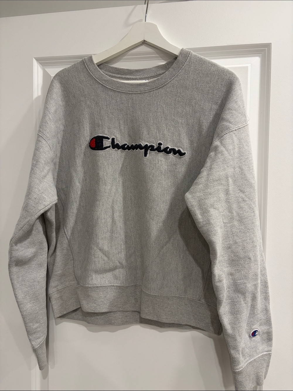 Champion Light Gray Crewneck Sweatshirt with Embroidered Logo